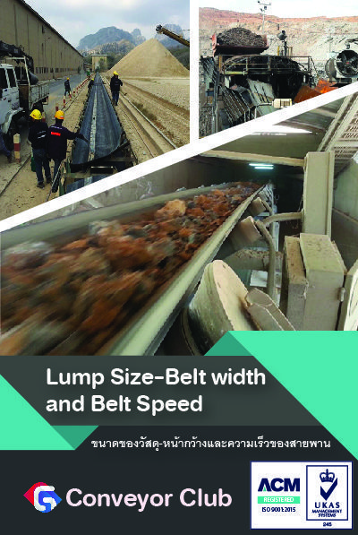 ความเร็วของสายพานมีความสัมพันธ์กับขนาดหน้ากว้าง(Belt Width) ขนาด(Size)น้ำหนัก(Weight) ของวัสดุ เช่น หากวัสดุมีก้อนใหญ่(Big Lump) เกินไป ขณะโหลด(Load) หรืออันโหลด (Unload) วัสดุที่มีขนาดใหญ่จะเกิดการล๊